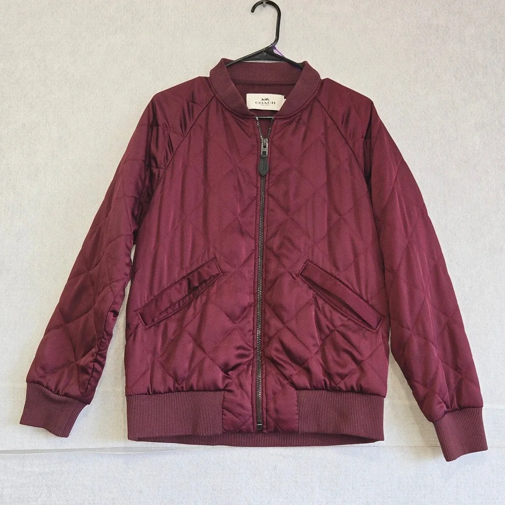 COACH New York Women Quilted Bomber Jacket Burgundy F86472 Size S Leather Trim